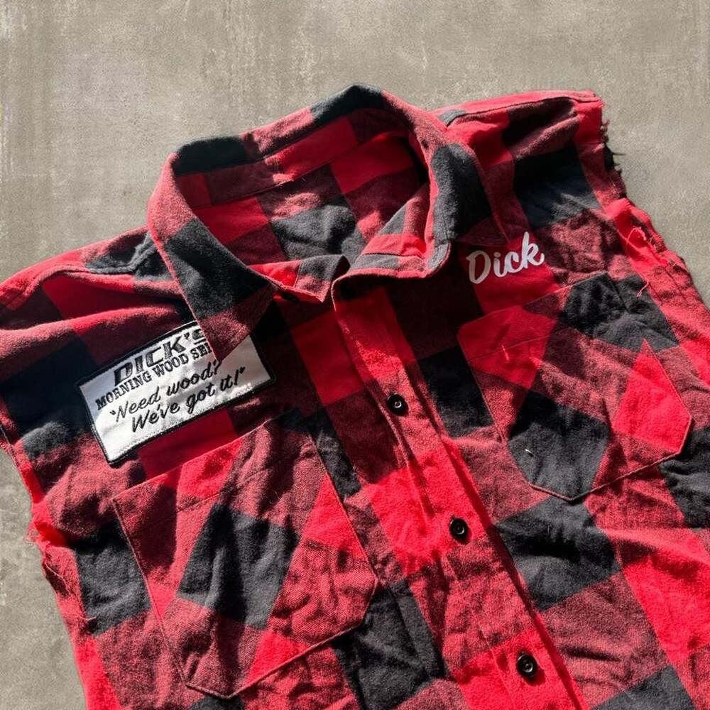 Vintage Dick's Morning Wood Service Buffalo Plaid Sleeveless Shirt